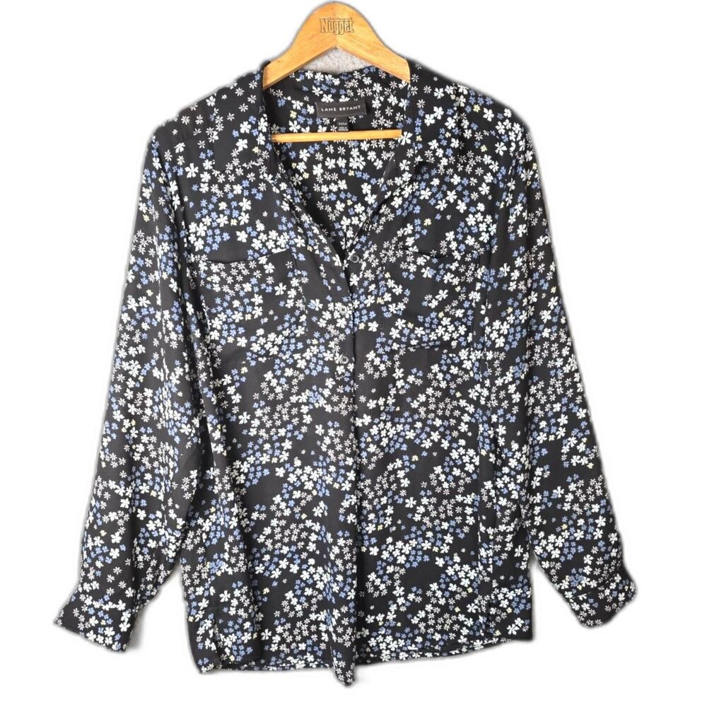 Lane Bryant Black Blue White Floral Collared Tunic Blouse 14 16 Plus